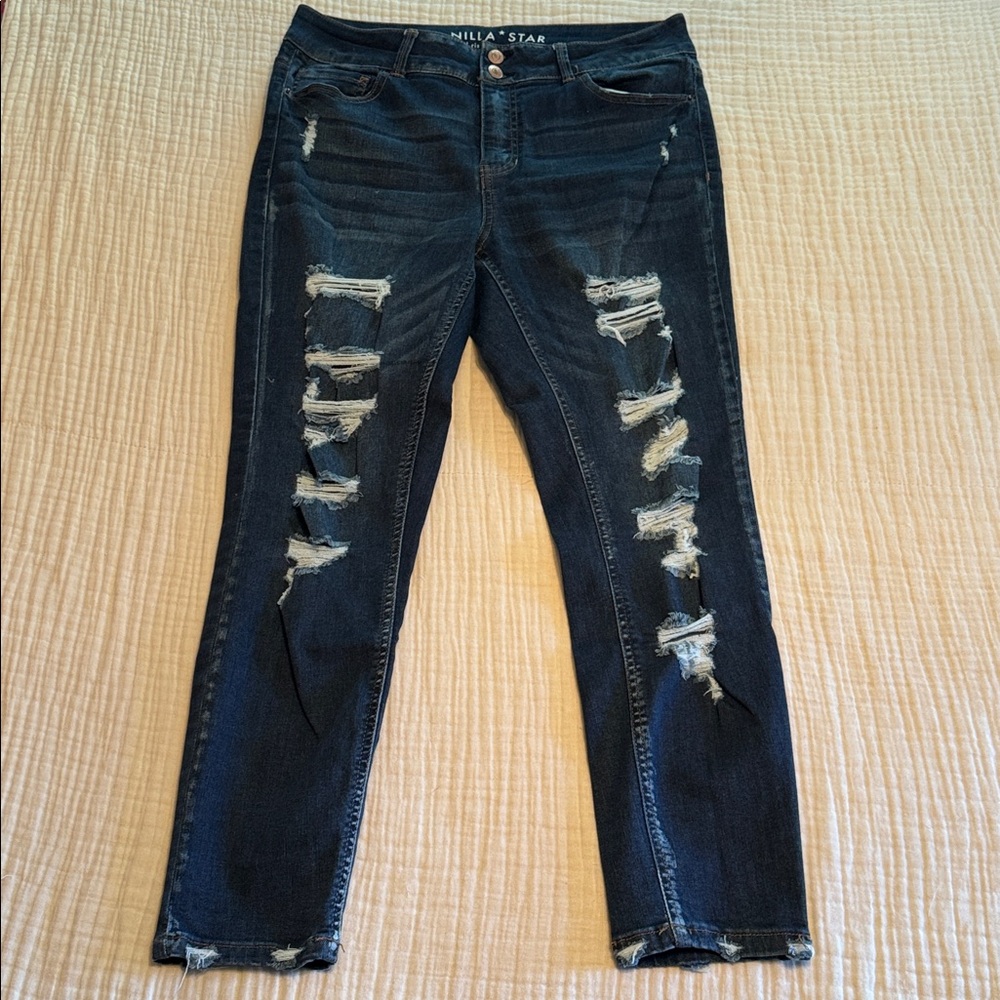 Vanilla Star Distressed Mid-rise Skinny Jeans in Dark Blue - Size 13